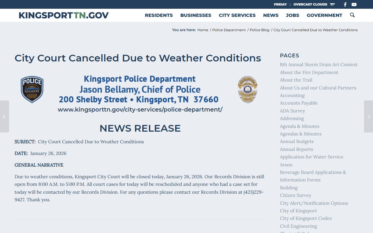 Kingsport traffic ticket records at the police department website